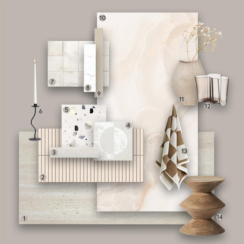 A sample set of veincut travertino light porcelain, Kit Kat Crema porcelain, Terra white metro, Casa Pearla porcelain, shellstone Bianco porcelain, artisan white ceramic, Firenza Carrara metro, Castell sand metro, and onyx oro porcelain tiles